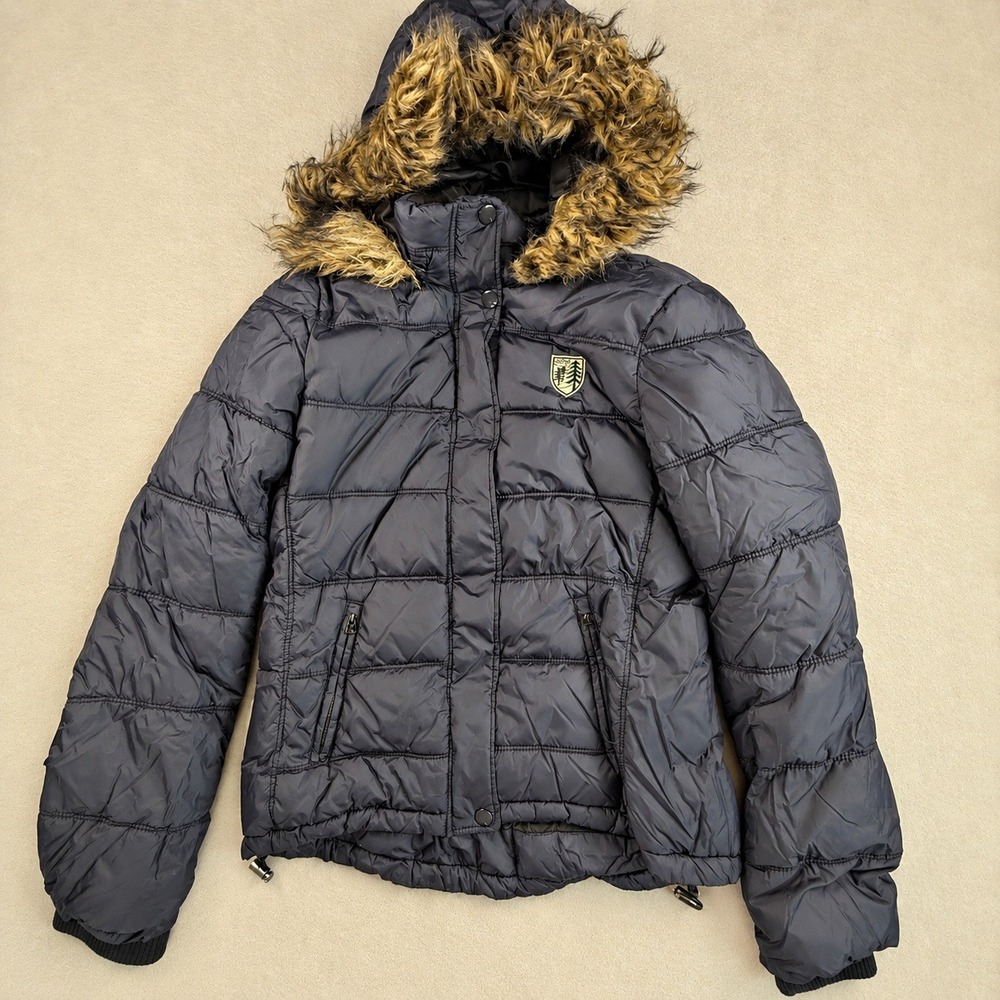 American Eagle Navy Blue Puffer Jacket Faux Fur Hood Women Large AE Est 77 Patch
